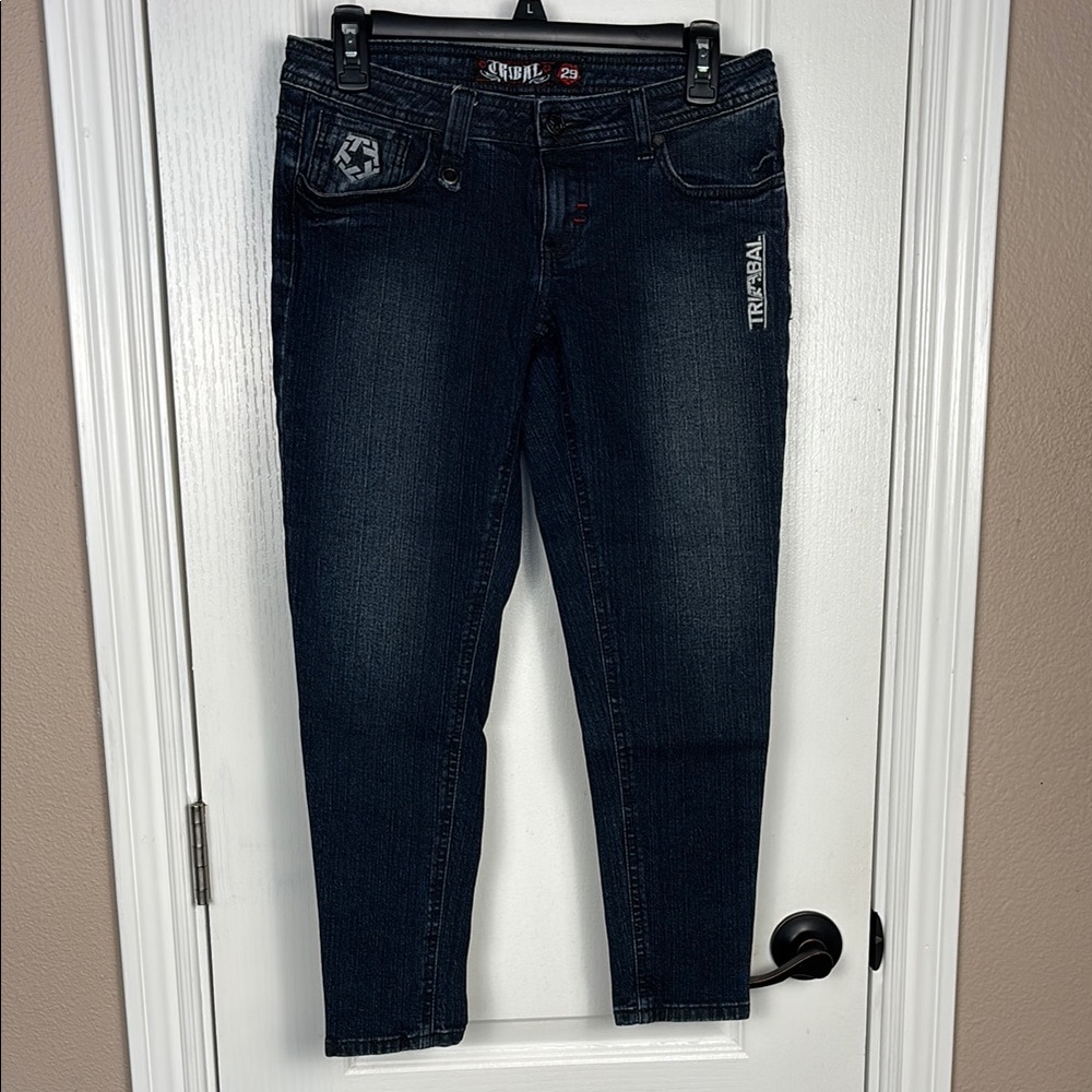 Tribal Gear Women'sโ Embellished Stretch Dark Wash Blue Jeans Size 29 x 24 1/2